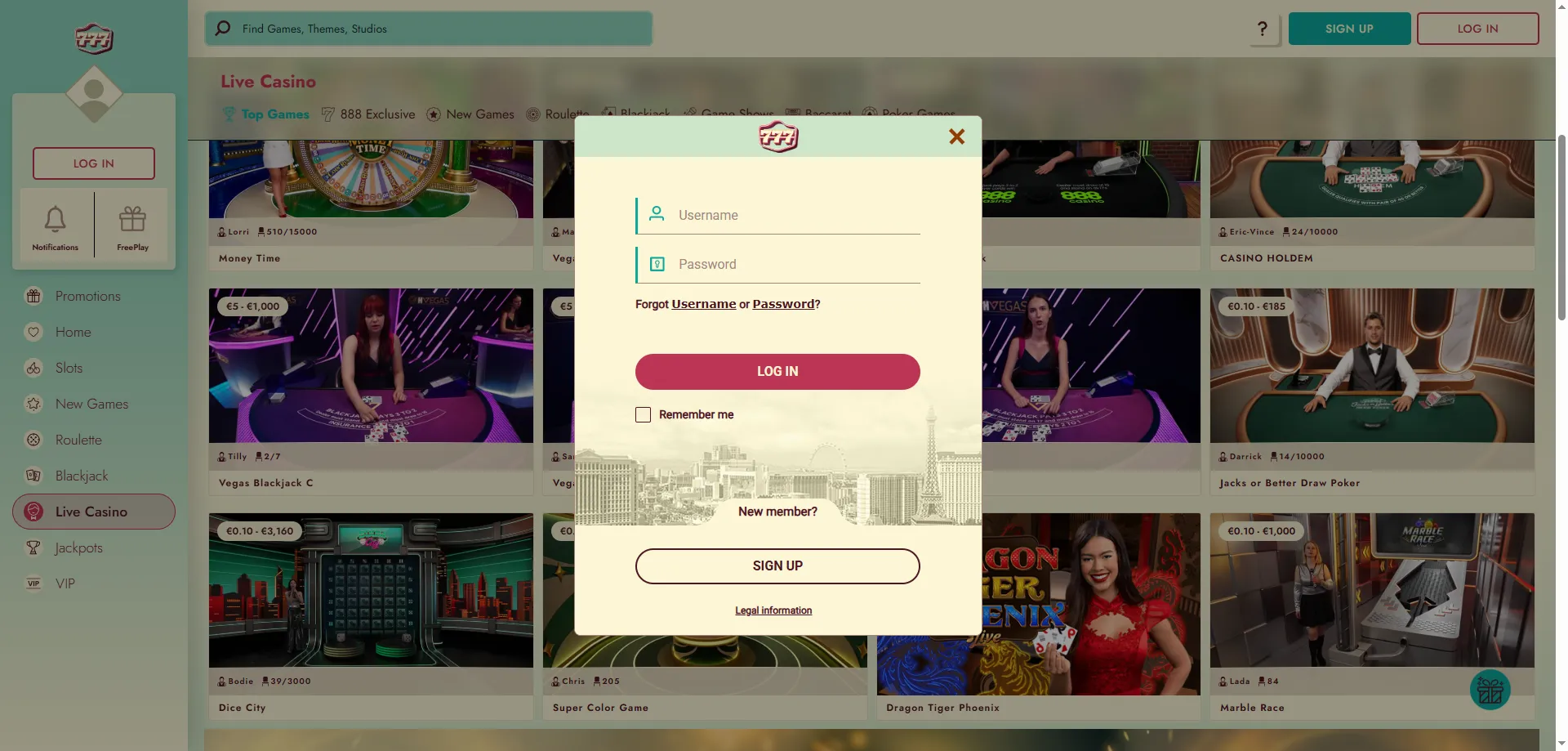 777 Casino login and registration form on desktop and mobile